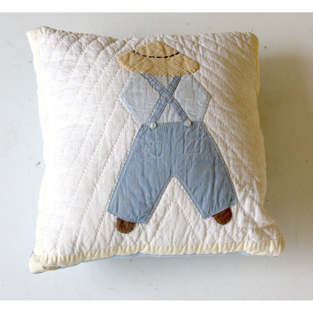 Little Boy Quilted Decorative Pillow, child in hat, pants, and suspenders - Picture 4 of 7